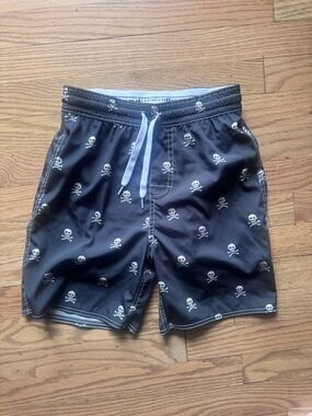 Black Skull Print Kids Swim Trunks with Drawstring